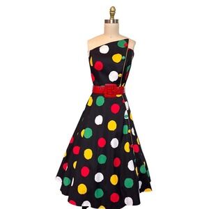Pinup Polka Dot 80s does 50s Dress Strapless Multicolor Vintage